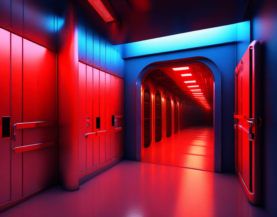 Futuristic corridor with red and blue lighting and metallic lockers