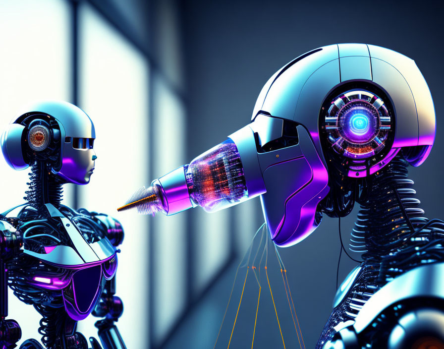 Futuristic robots facing each other on high-tech background