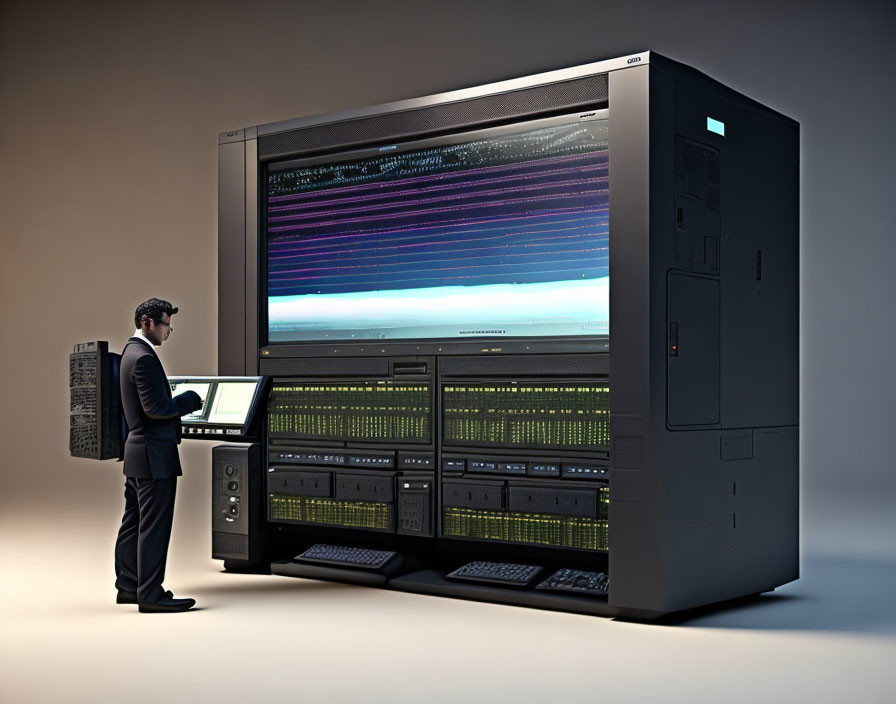 Man in Suit Analyzing Data on Futuristic Computer Server