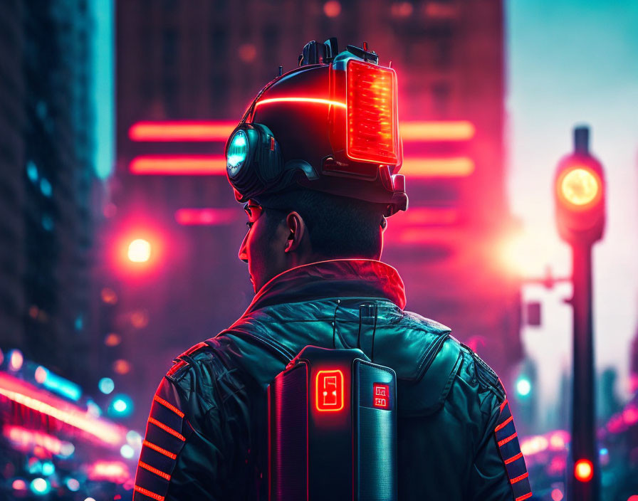 Futuristic cyberpunk-style figure in glowing gear against neon-lit cityscape