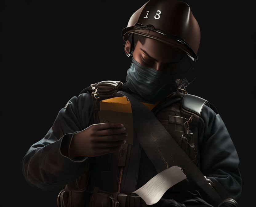 Digital artwork of person with '18' helmet, mask, book, satchel, and chest