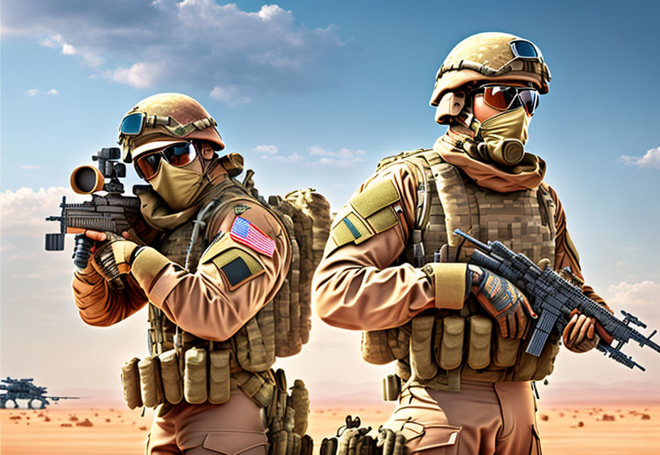 Two soldiers in desert gear with sunglasses and rifles standing back-to-back in desert setting.