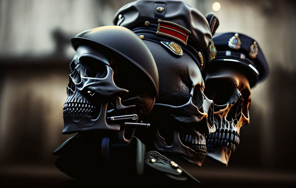Stylized skull figures with military-style hats on blurred background
