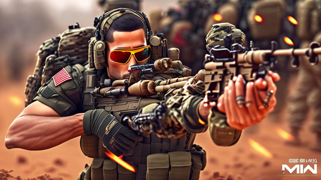 Digital artwork: Soldier in tactical gear aiming rifle with red laser sight in dusty, orange-tinted