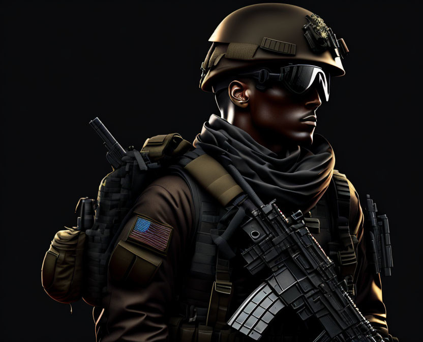 Soldier in Tactical Gear with Helmet, Night Vision Goggles, Sunglasses, and Rifle in 