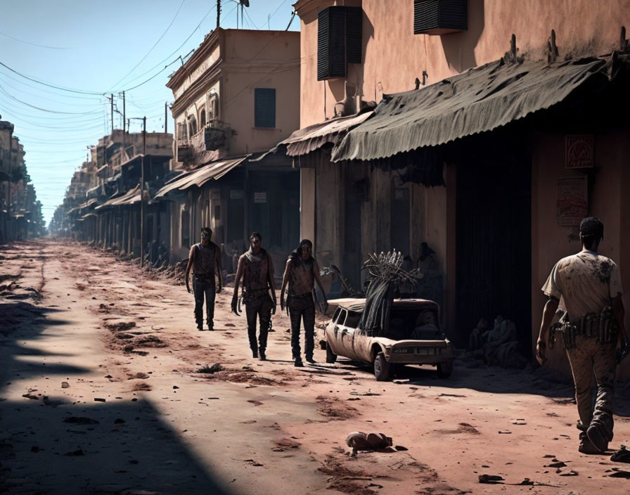Group of individuals walking in desolate, dusty street with abandoned car and buildings