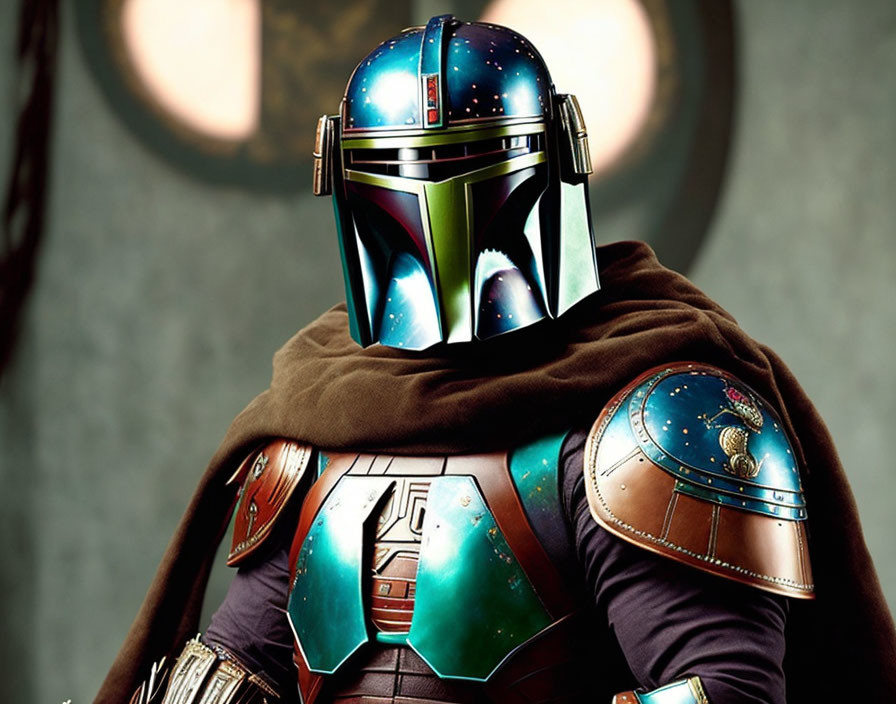 Blue-helmeted Mandalorian in armor with cape, against circular light background
