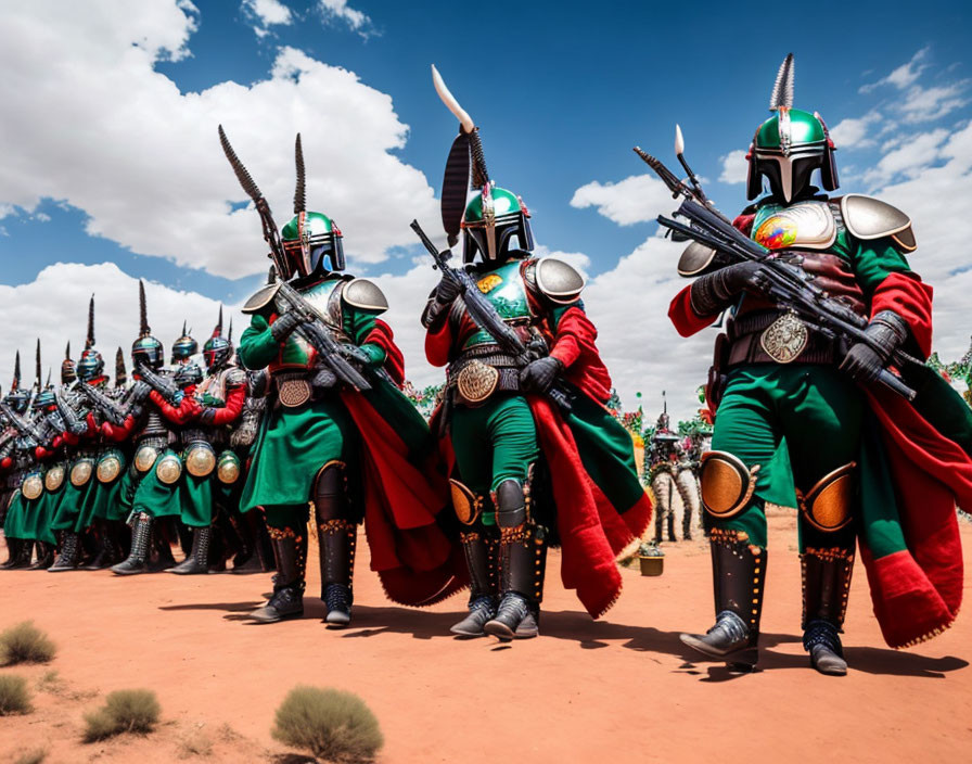 Group of Mandalorian Warriors with Helmets and Rifles Under Blue Sky