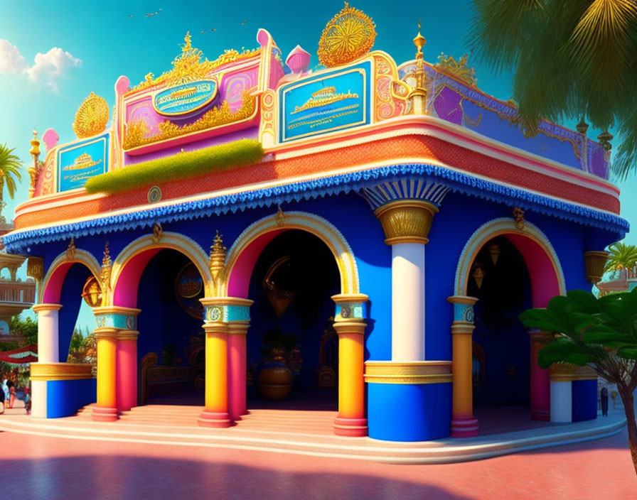 Colorful Cartoon Palace with Blue Walls and Pink Roof