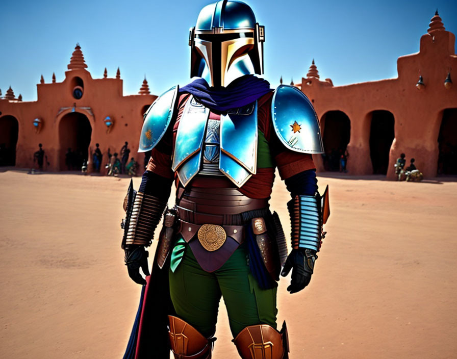 Person in Mandalorian armor with cape in desert-like setting with onlookers