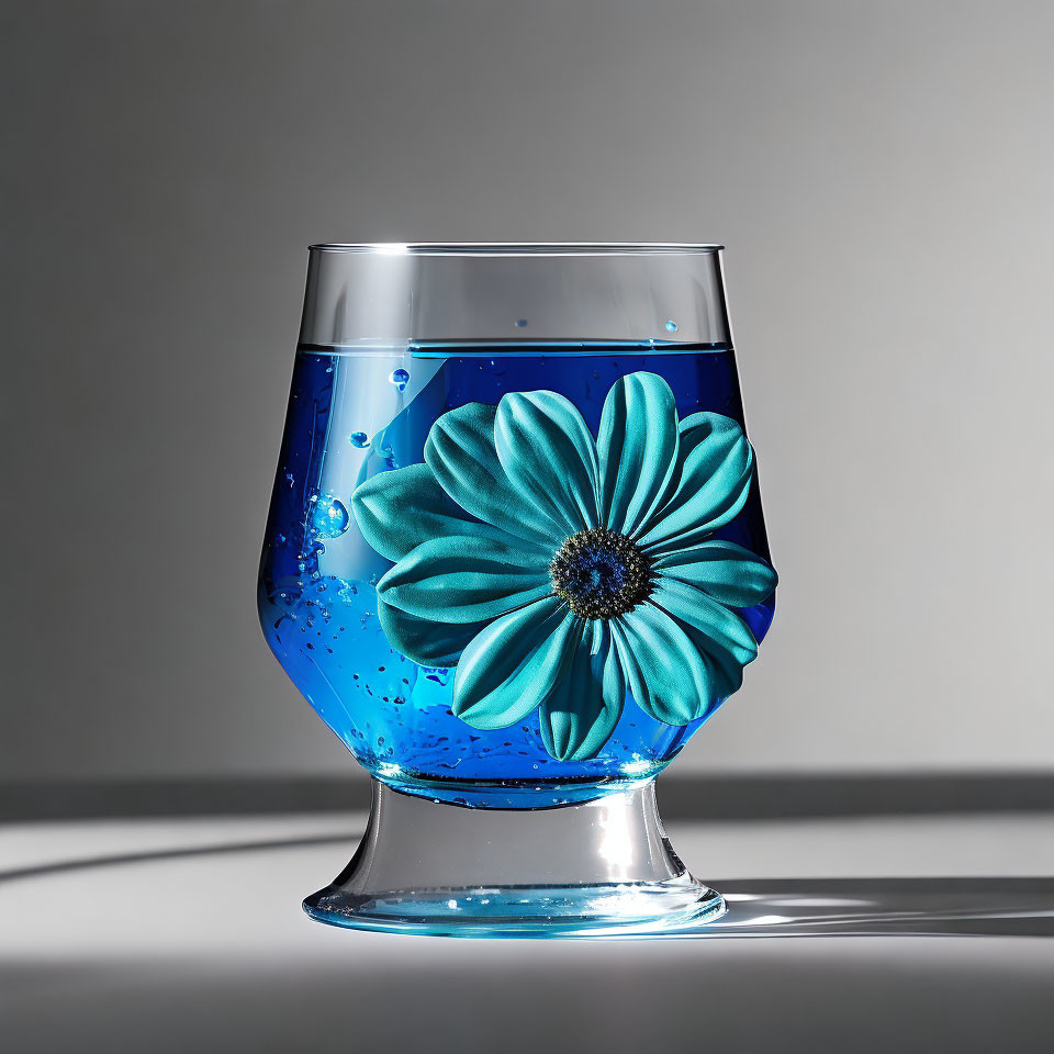 Blue flower submerged in vibrant liquid in stemmed glass
