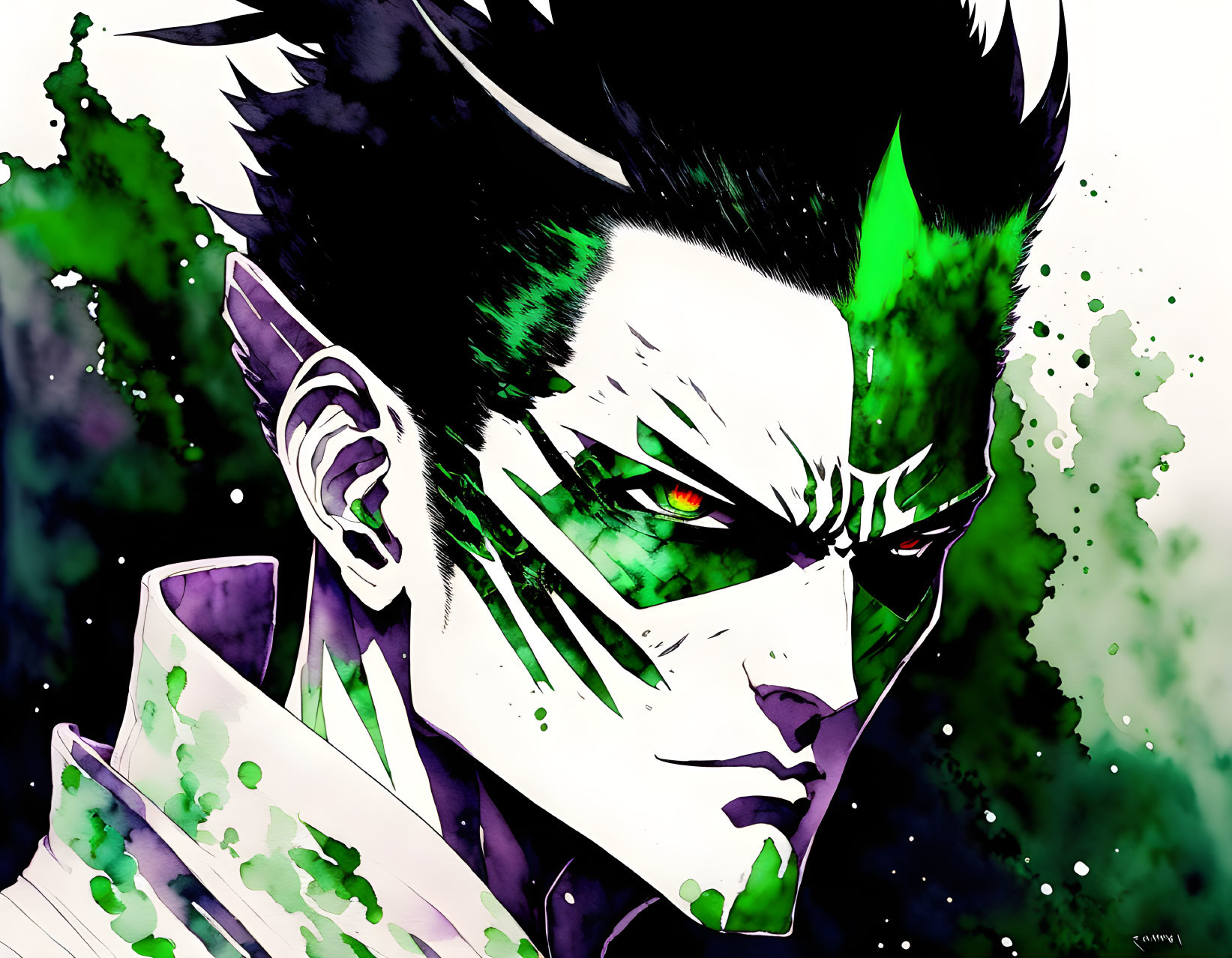 Male anime character with green-tinted hair and intense eyes on splattered green backdrop