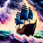 Majestic pirate ship with blue sails on turbulent sea under dramatic sky