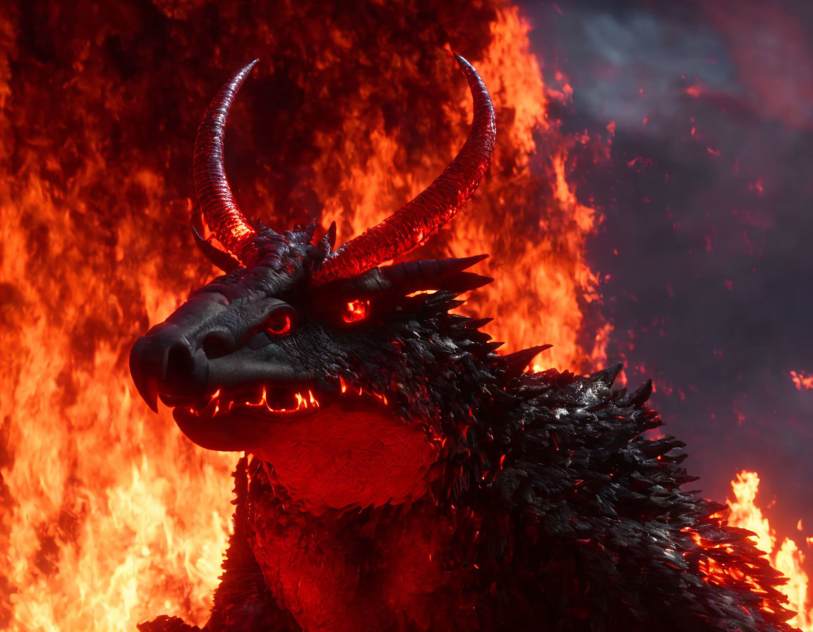 Black Dragon with Red Eyes Surrounded by Flames and Smoke