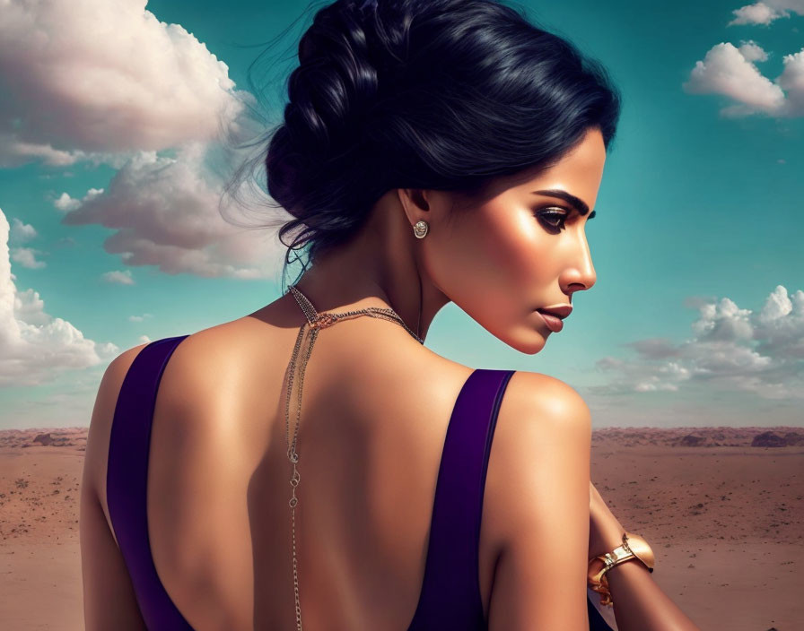 Stylish woman in purple dress with updo in desert setting