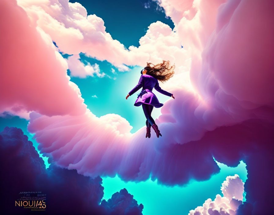 Person floating in vibrant pink and blue clouds under bright sky