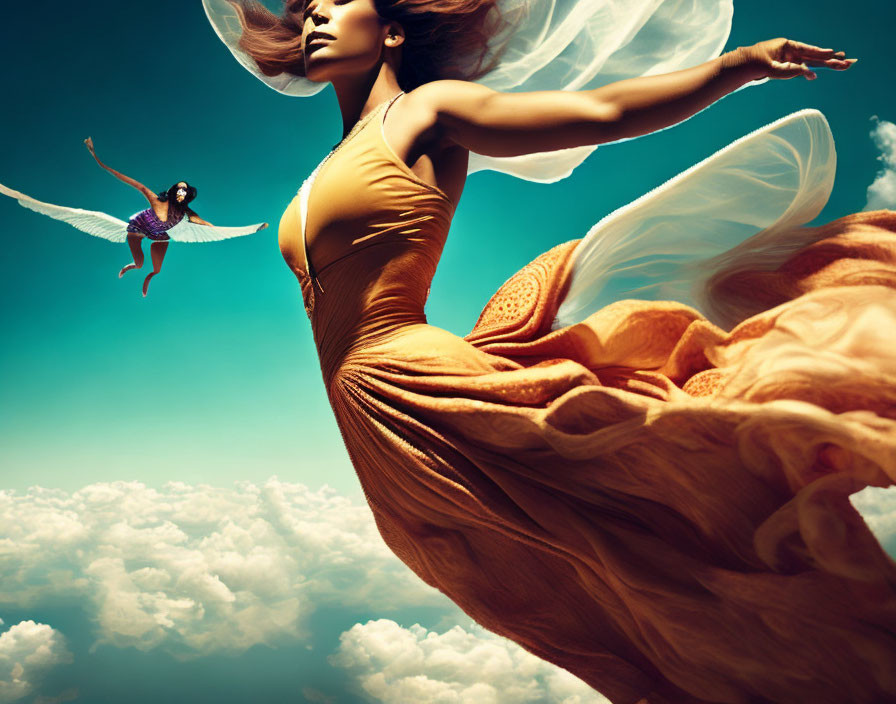 Woman in orange dress floating in clouds with winged figure