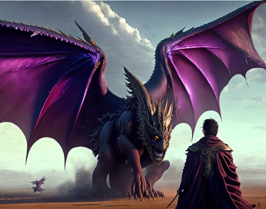 Cloaked figure confronts giant purple-winged dragon in desolate scene