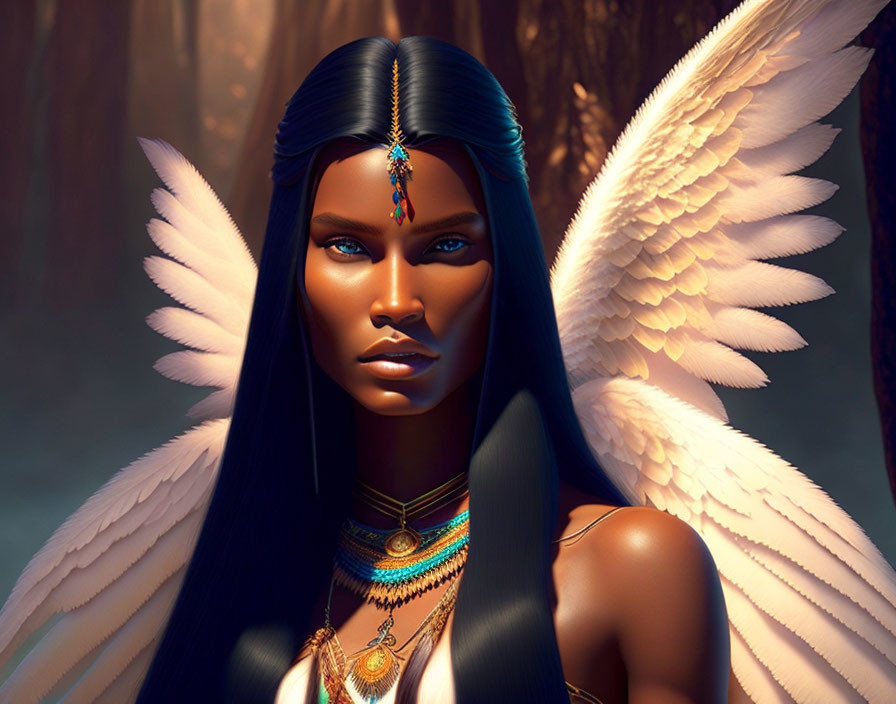 Digital Artwork of Angelic Being with Dark Skin and Blue Eyes