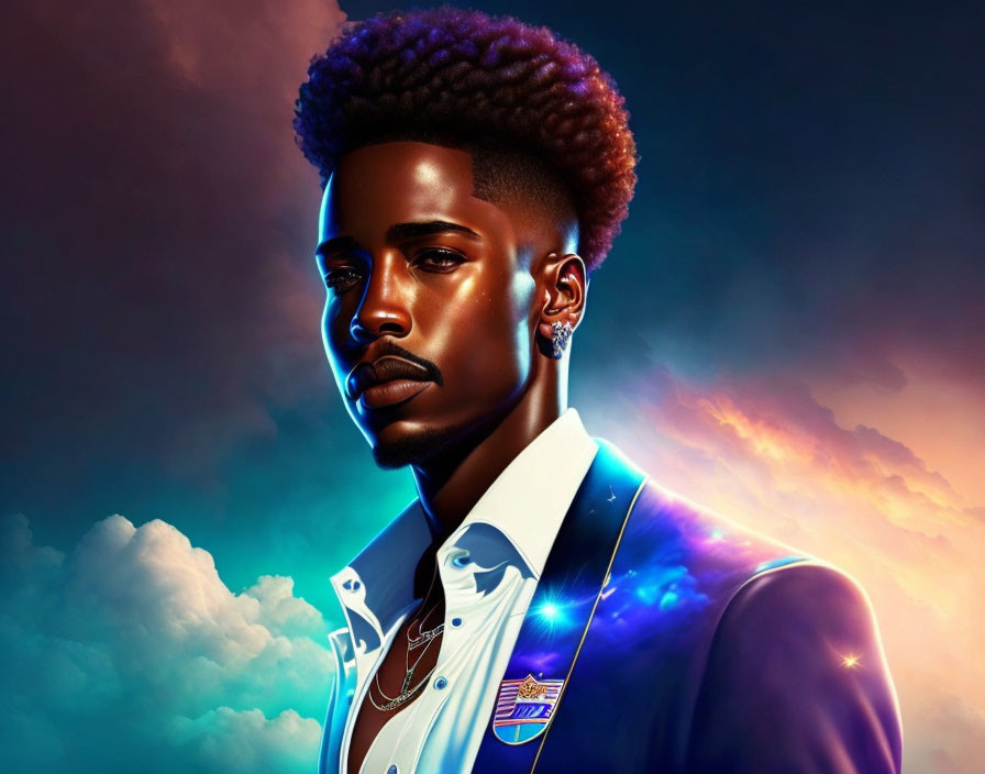 Stylized digital portrait of young man with afro in white and blue outfit