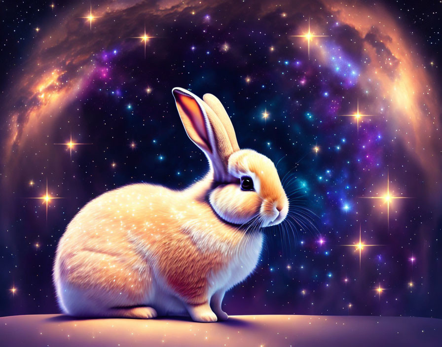 Golden Rabbit Against Vibrant Cosmic Galaxy with Stars and Clouds