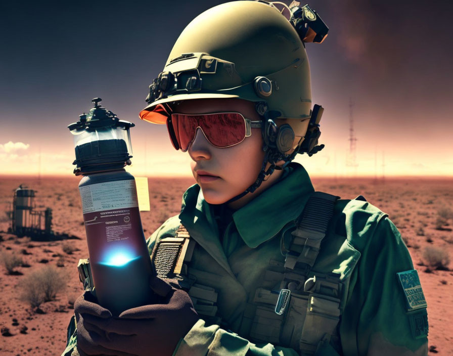 Military person in desert with futuristic glowing device
