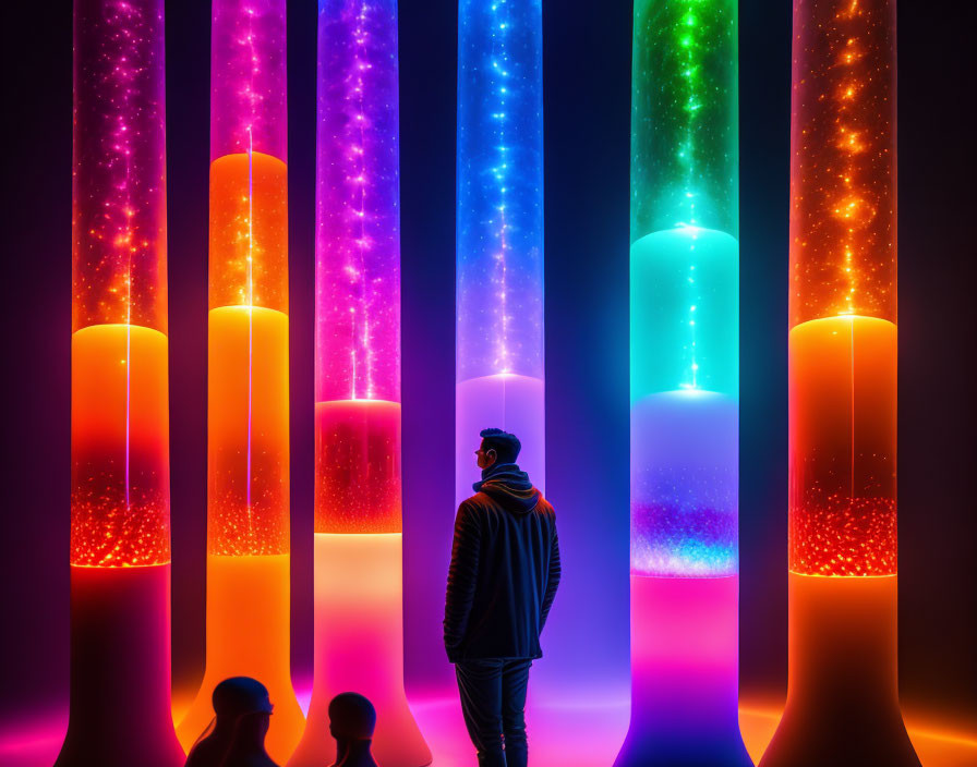Silhouette person with colorful lava lamps in dark room