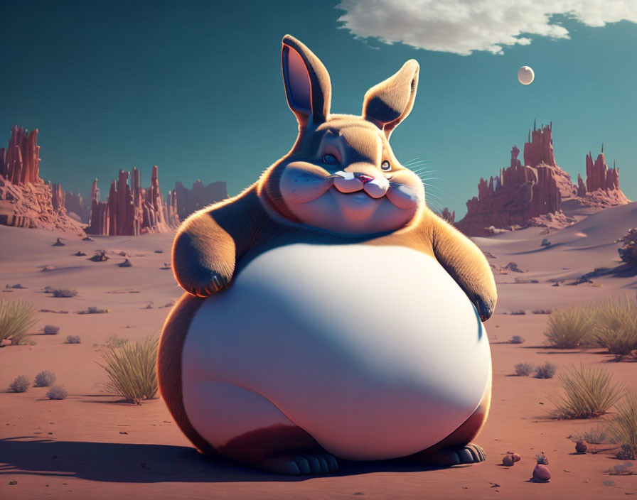 Plump animated rabbit in desert with rock formations
