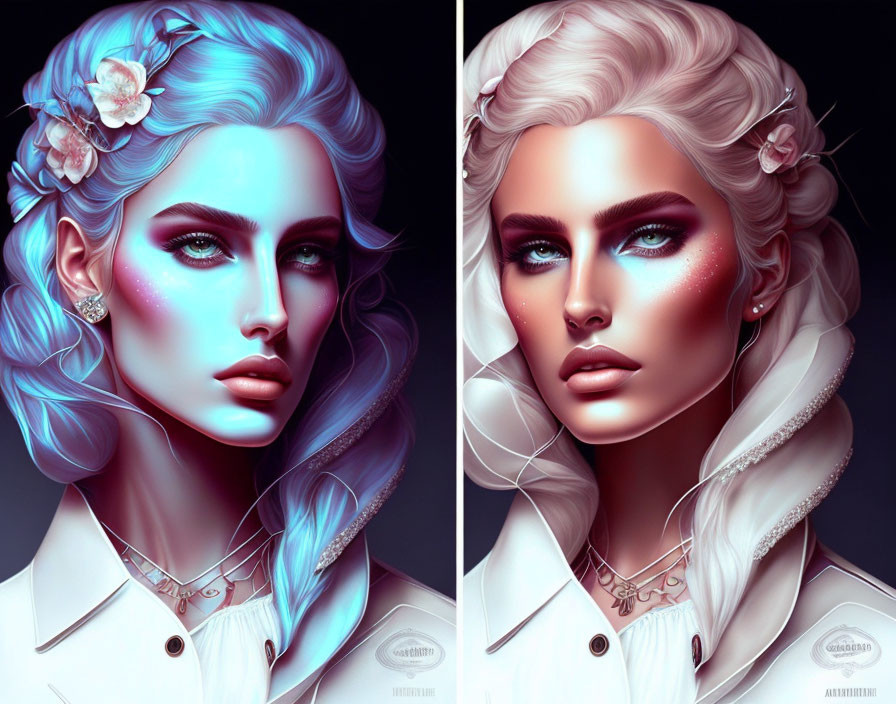 Two portraits of a woman with blue and white hair, featuring striking facial features.