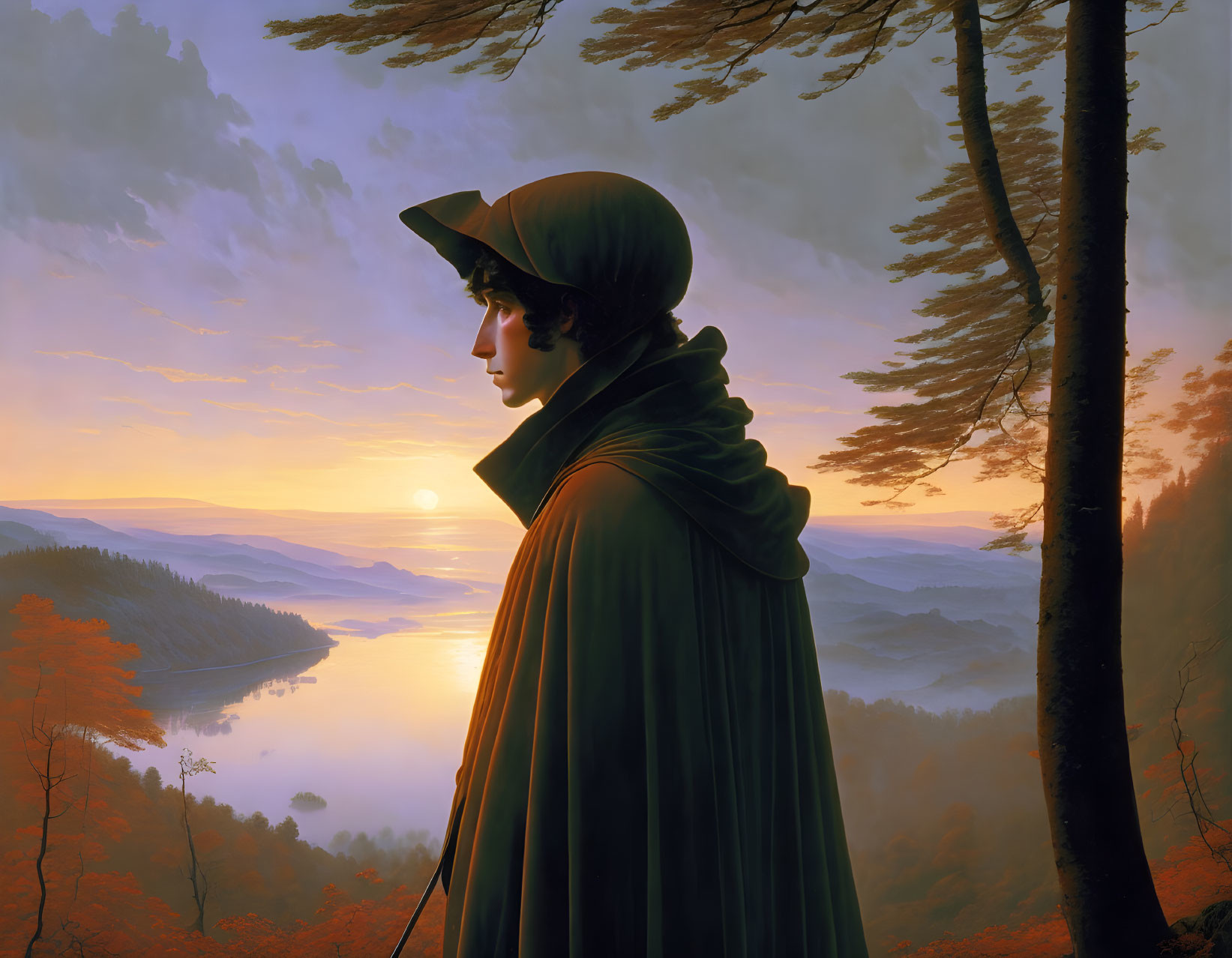 Cloaked figure in forest at sunrise overlooking tranquil valley with river