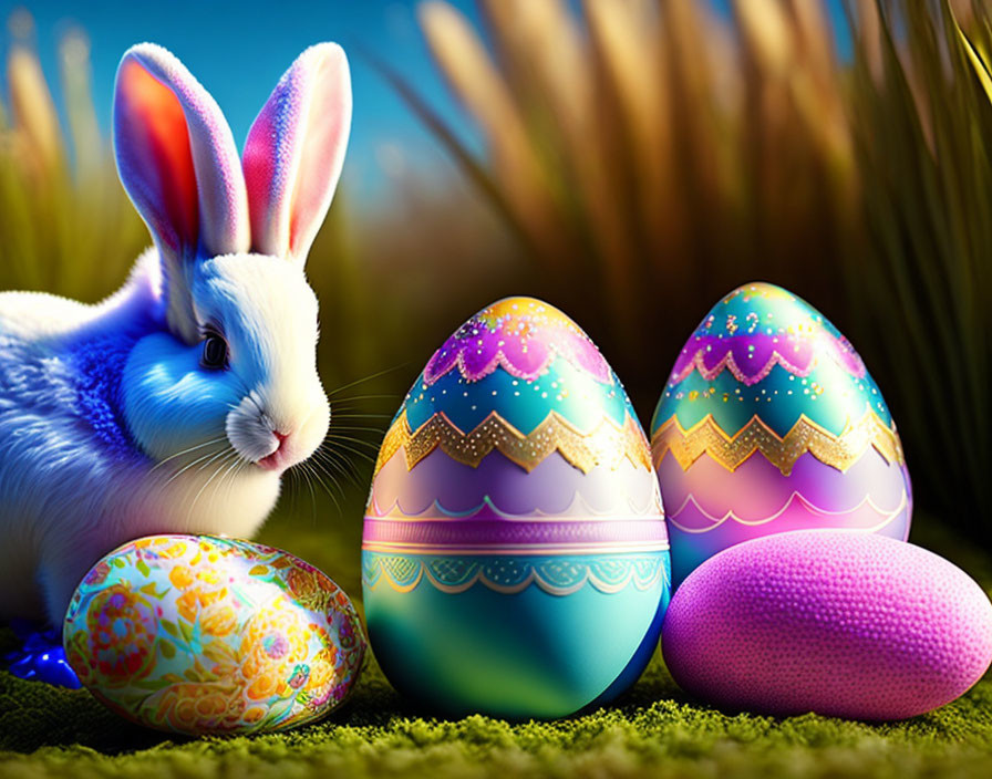 Vivid Image of Blue White Rabbit with Easter Eggs on Grassy Ground