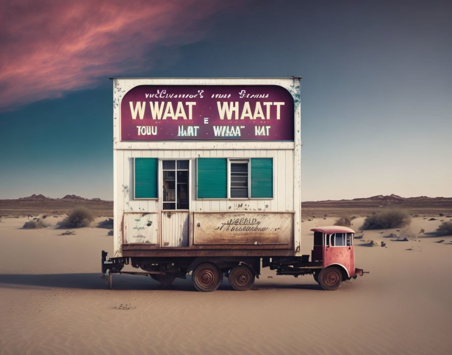 Vintage Food Truck with Quirky Signage in Desert at Dusk