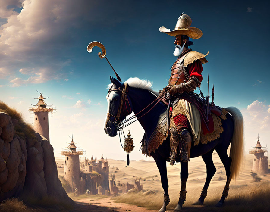 Elaborately armored knight on horse in desert landscape with windmills and towers