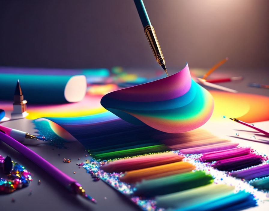 Colorful art supplies on dark surface: rainbow paper, paintbrush, pencils, glitters, paint