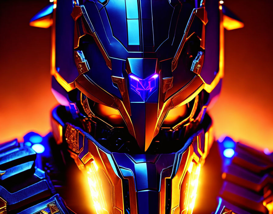 Futuristic glowing blue armor helmet with orange backlighting