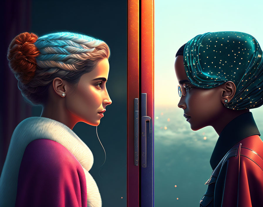 Illustration of two women with braided hair bun and headscarf facing each other through door gap