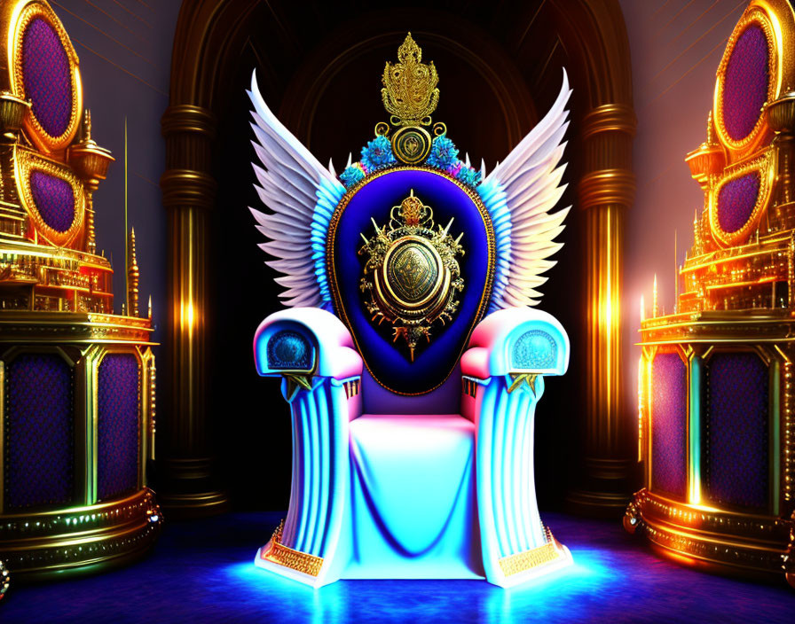 Opulent throne room with gold-trimmed purple arches and winged throne