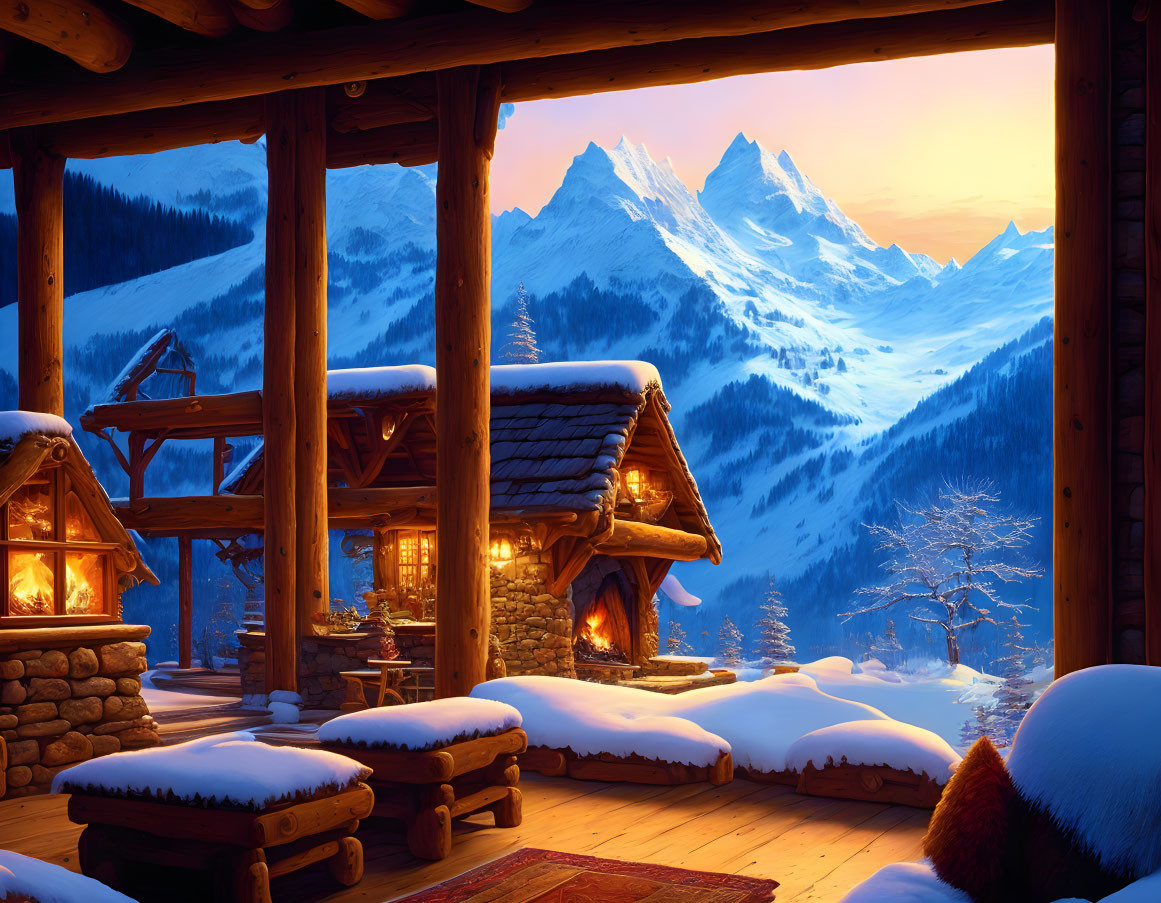 Snow-covered cabin at sunset with lit windows, snowy mountains in background