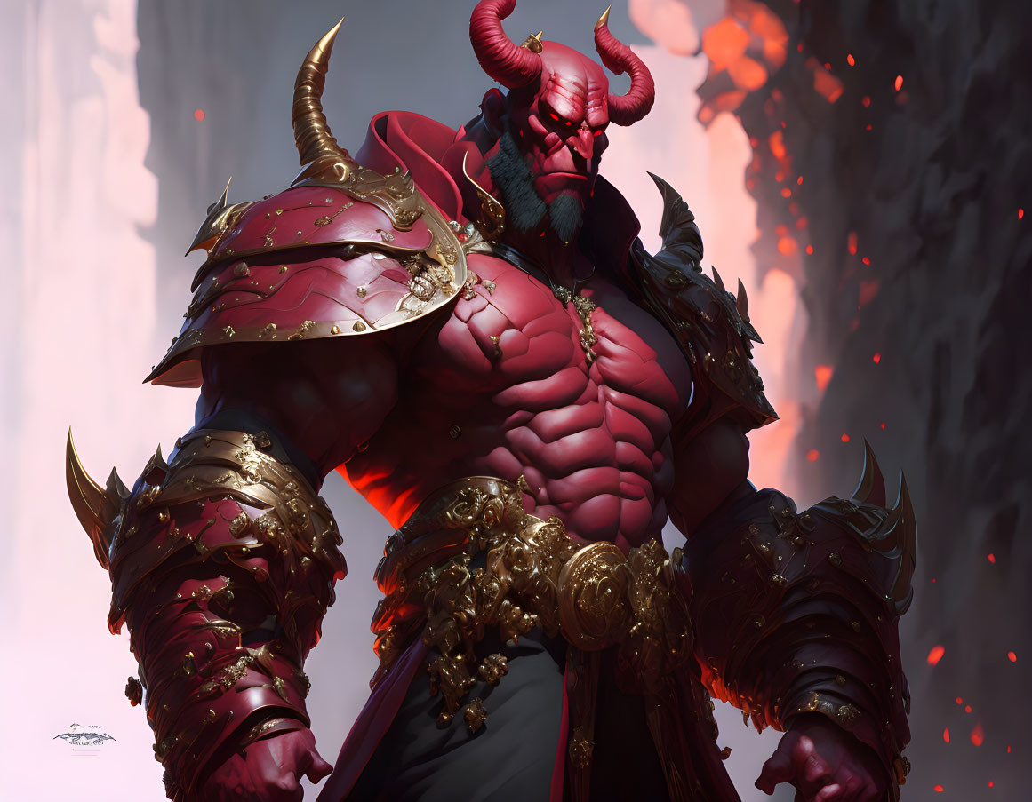 Muscular red demon in ornate dark armor with gold accents.