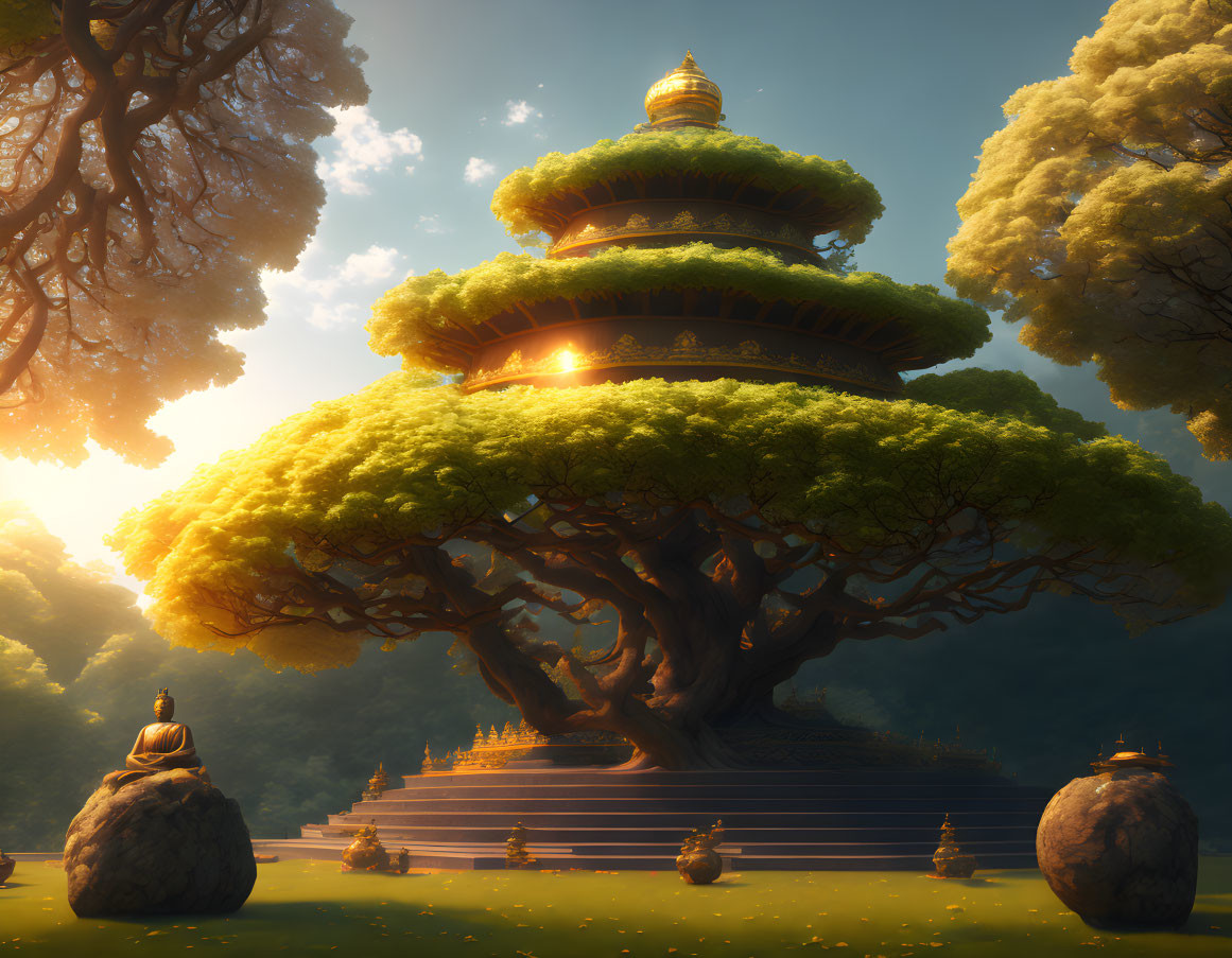 Majestic tree with pagoda-like structures in serene illustration