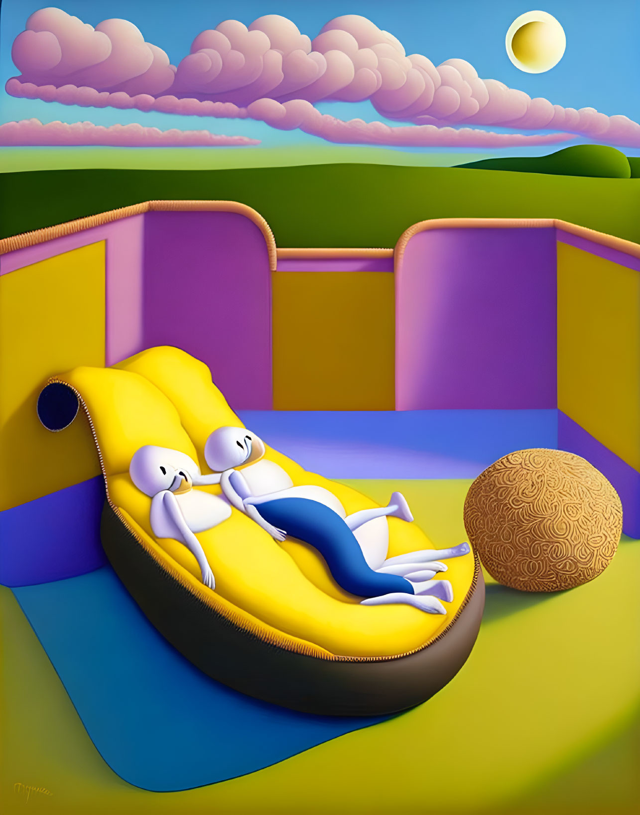 Colorful surreal landscape with stylized characters on yellow sofa in front of round patterned object
