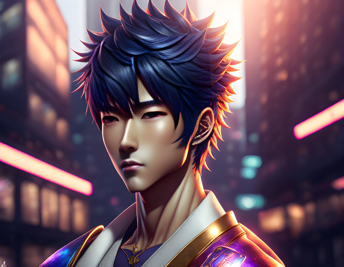 Male anime character with spiky blue hair in glowing apparel in neon-lit urban setting