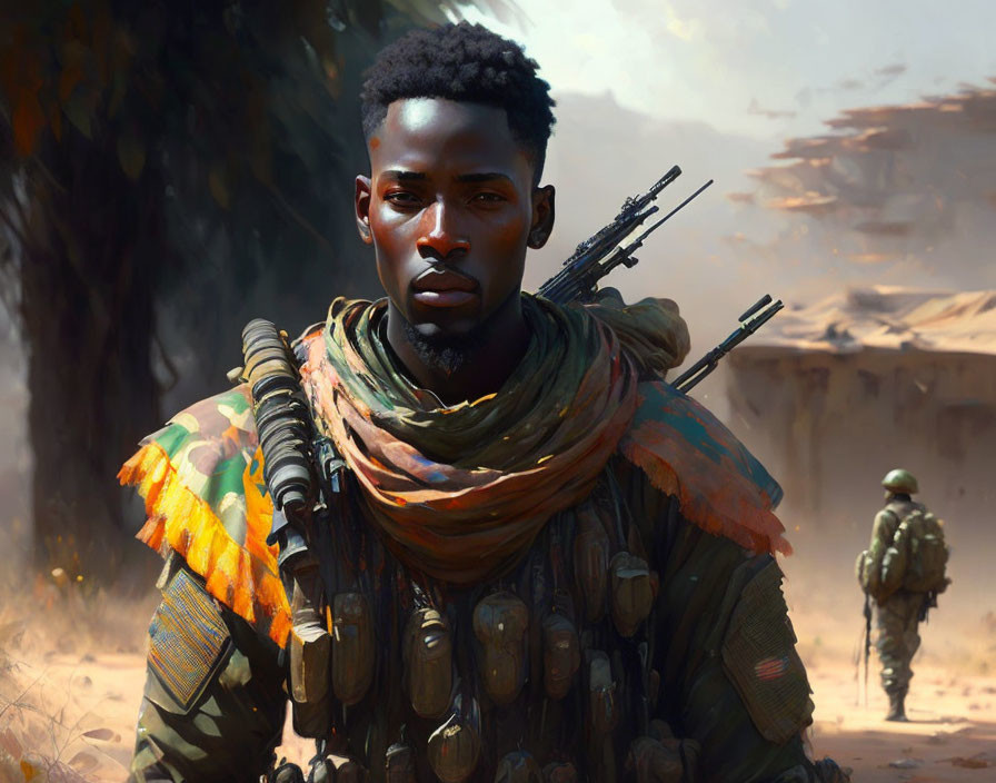 Digital painting of young male soldier in desert with scarf and ammunition