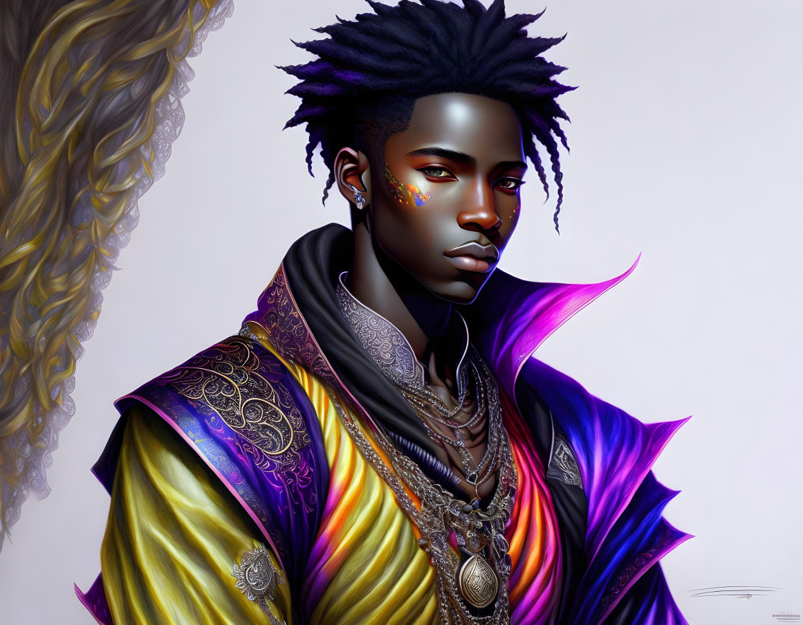 Digital portrait featuring person with dark skin, blue lips, golden jewelry, and vibrant attire