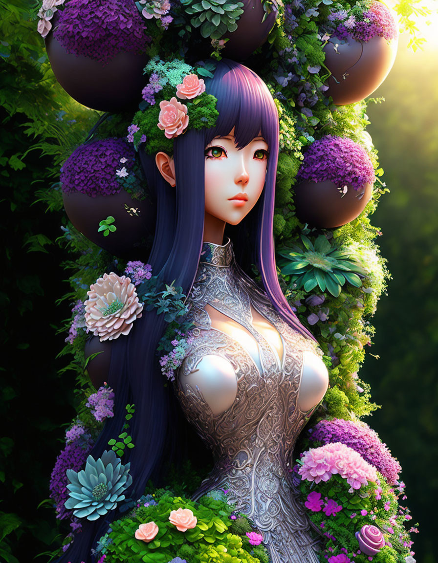 Digital artwork: Woman with purple hair and floral adornments in lush greenery.