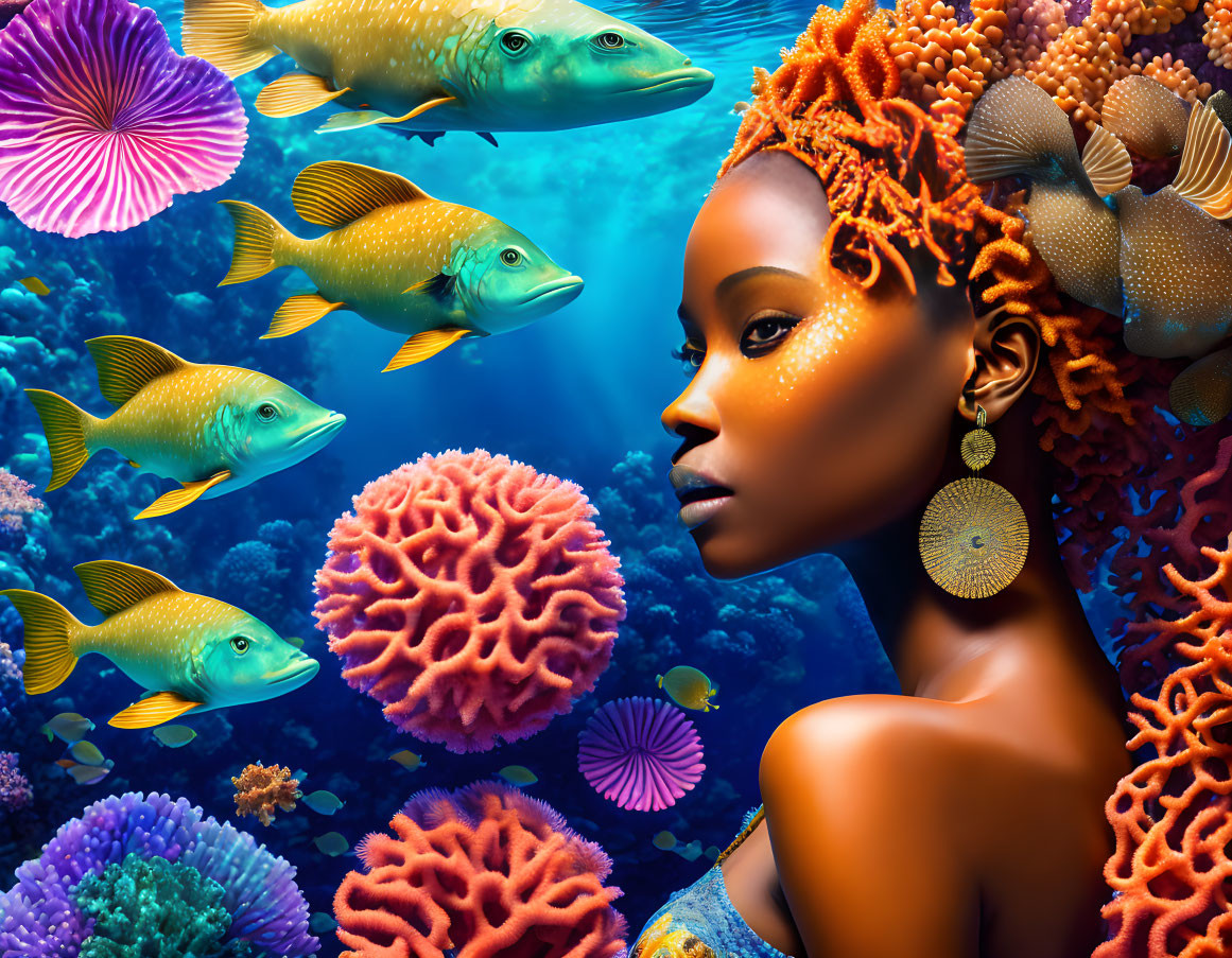 Vibrant orange hair woman with coral-inspired style in underwater scene