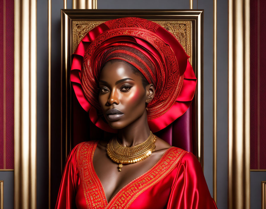 Dark-skinned woman in red head wrap and gold jewelry against maroon backdrop