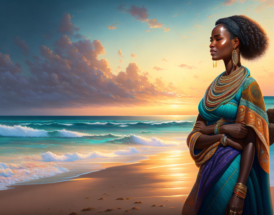 Digital art: Woman in traditional attire on beach at sunset