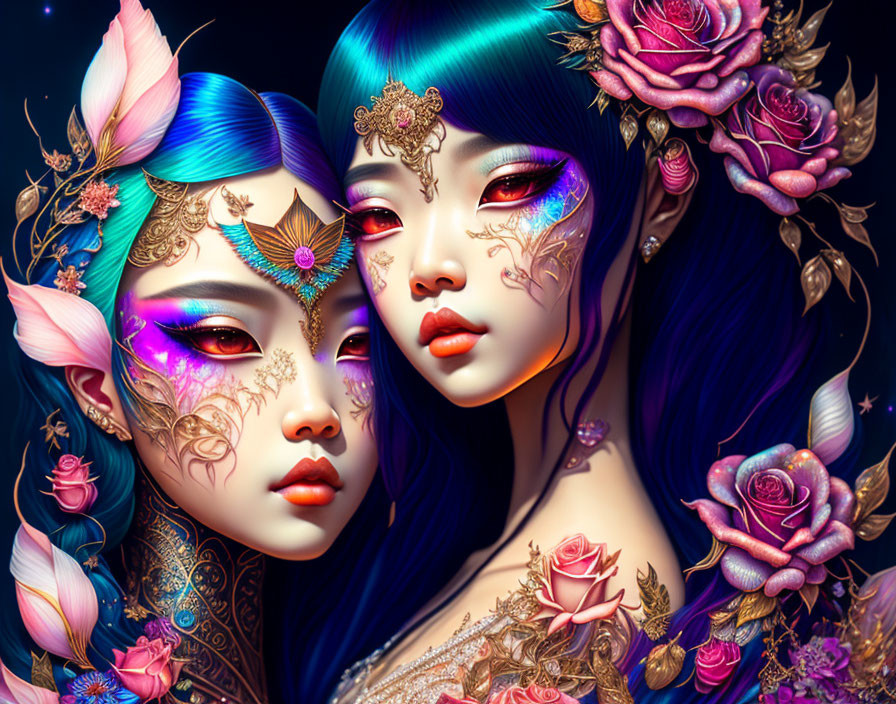 Colorful digital artwork of two women with floral and jewel makeup and accessories