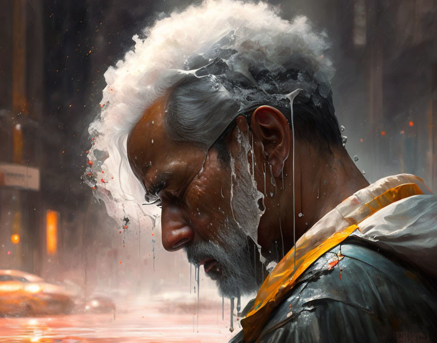 Elderly man with white beard and paint splashes in urban setting